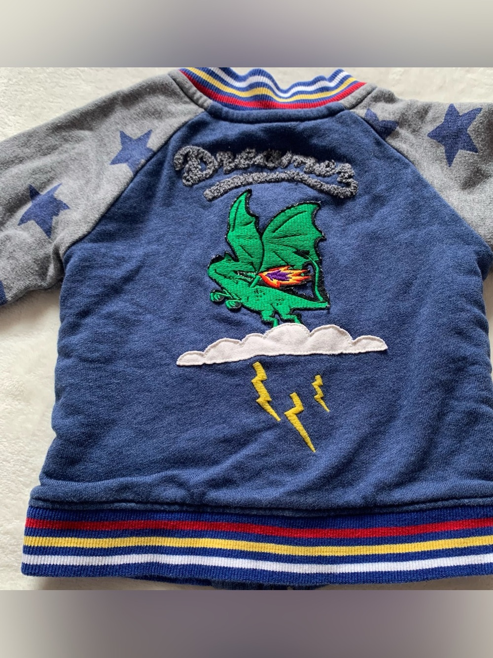 Hanna Andersson Cotton Blue & Gray Dragon Embroidered Bomber Jacket Size 2